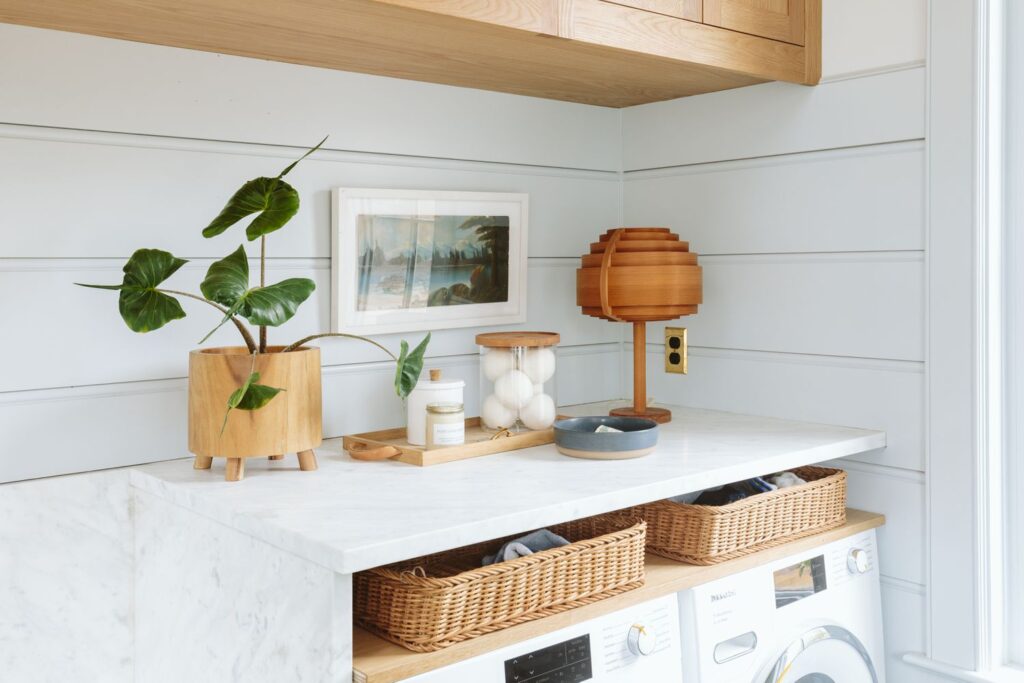 A laundry room with natural painting in the room 