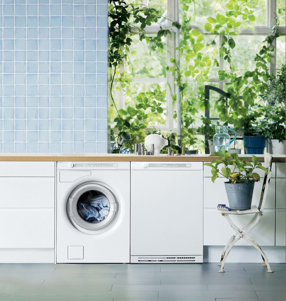 An outdoor space for laundry with plants 