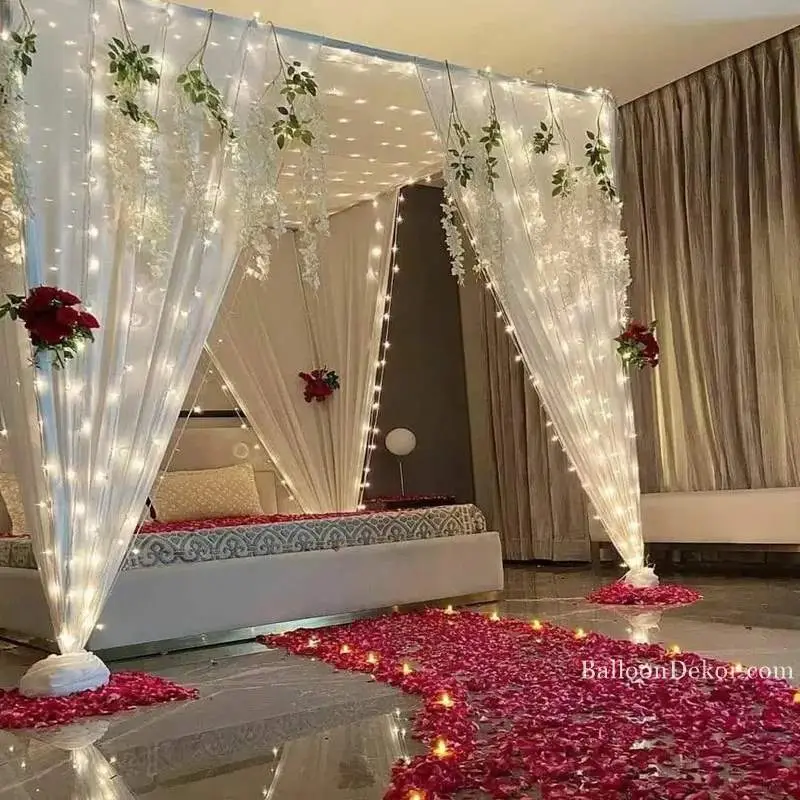 rose petal pathway in a hotel bedroom