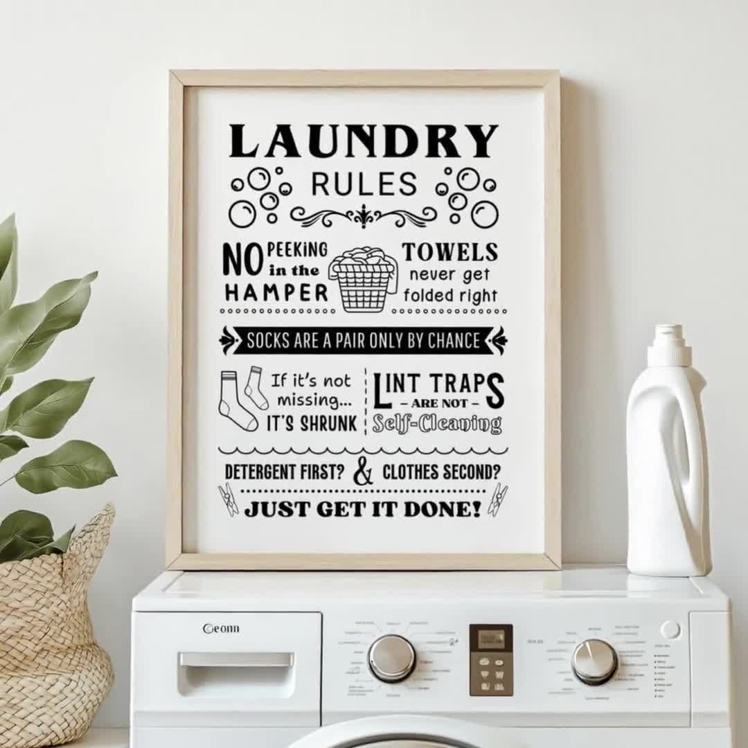 A laundry room with laundry rules 