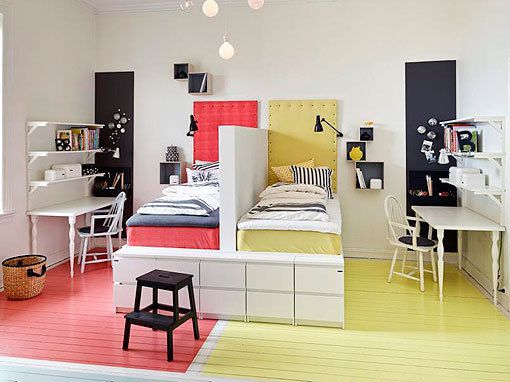 A shared room for a boy and a girl with color shaded separate storage space 