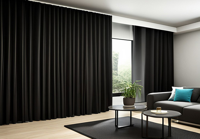 A living room with sheer window curtain with dark furnitures 