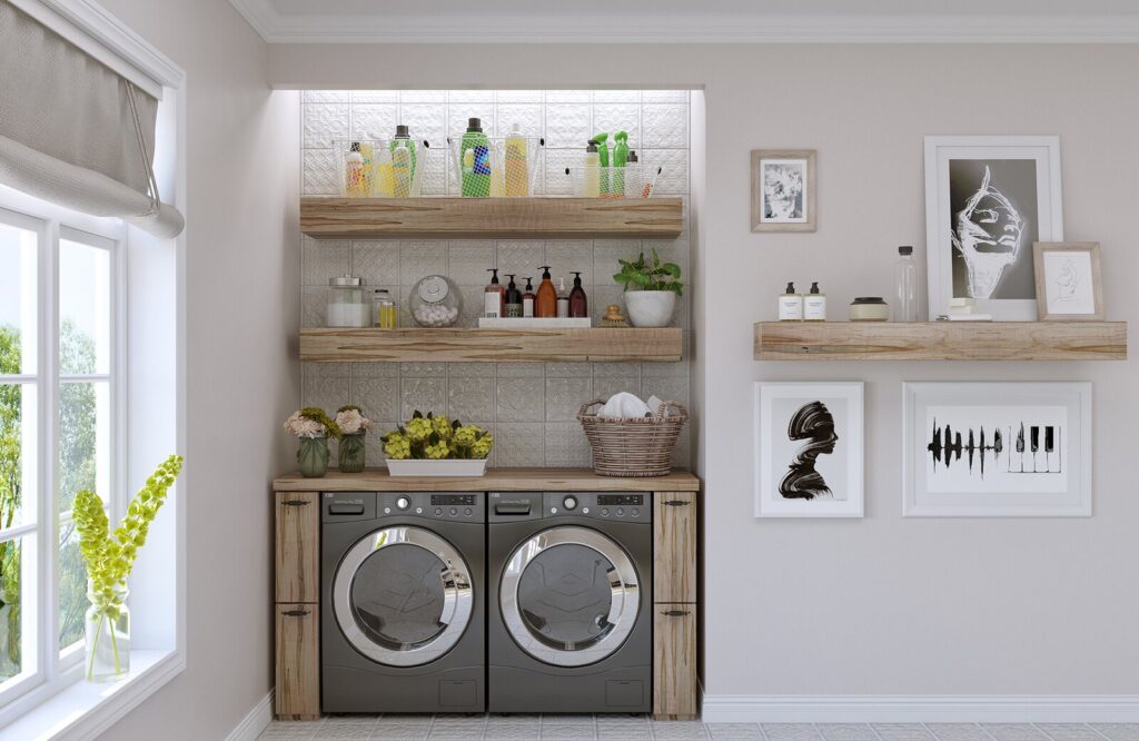 A laundry room with artistic shelvings 