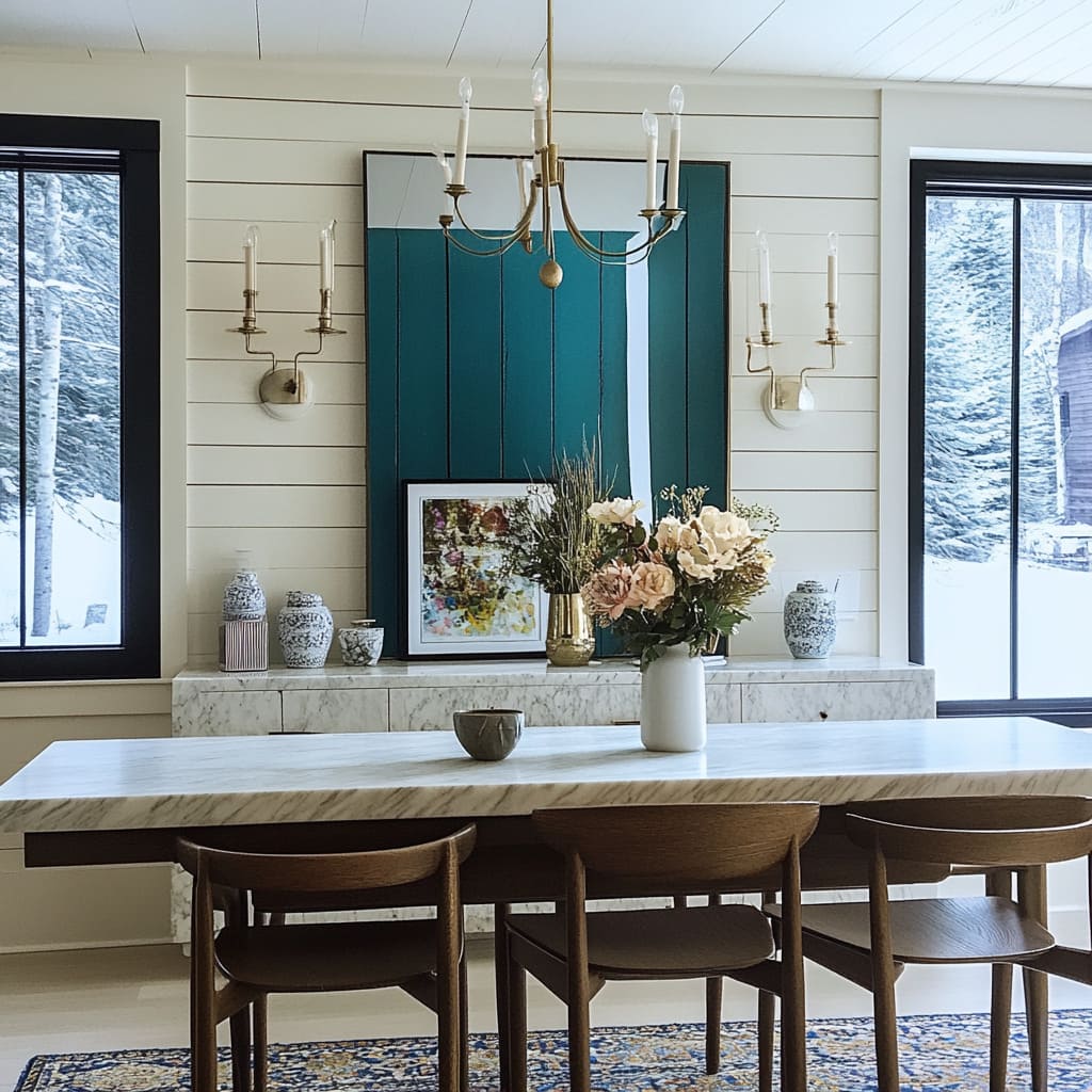 A dining room with shiplap walls which gives coastal vibes 