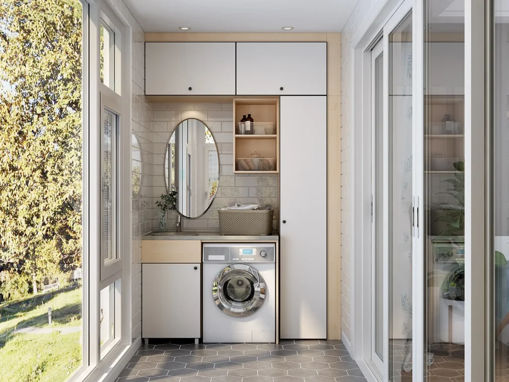 An outdoor space for laundry with sliding barn doors 