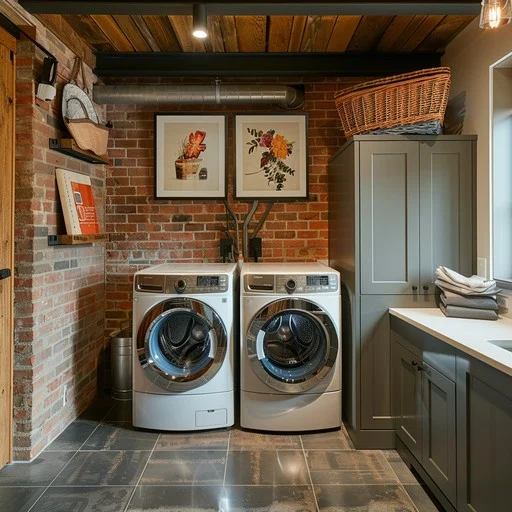 An outdoor space for laundry with natural stone walls 