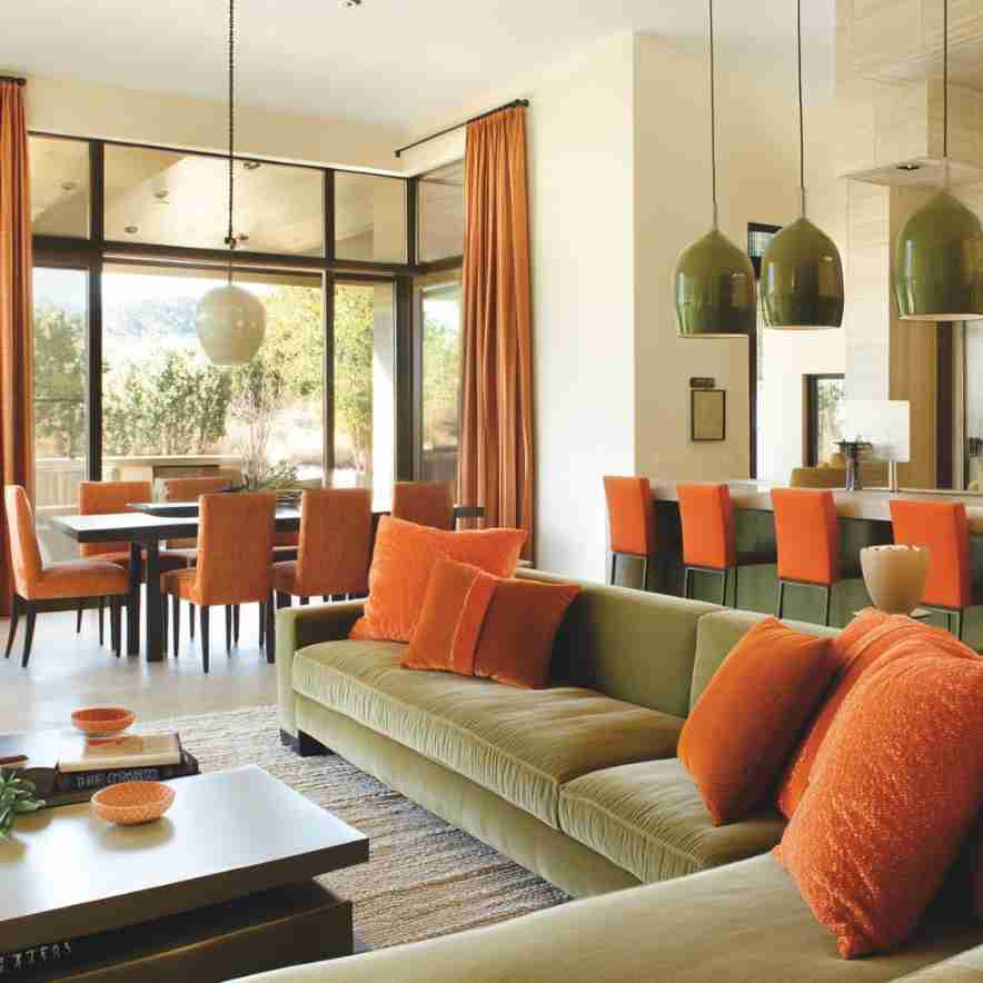 Burnt orange and green furniture against cream walls