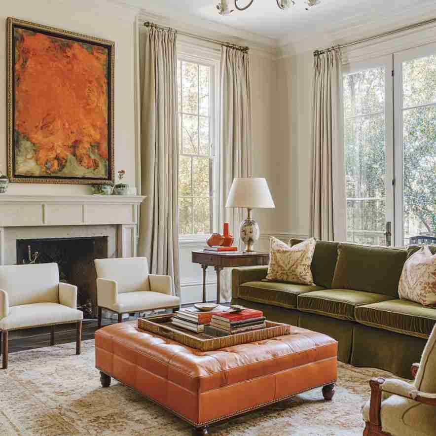 Burnt orange leather center table and dark green sofa and white walls