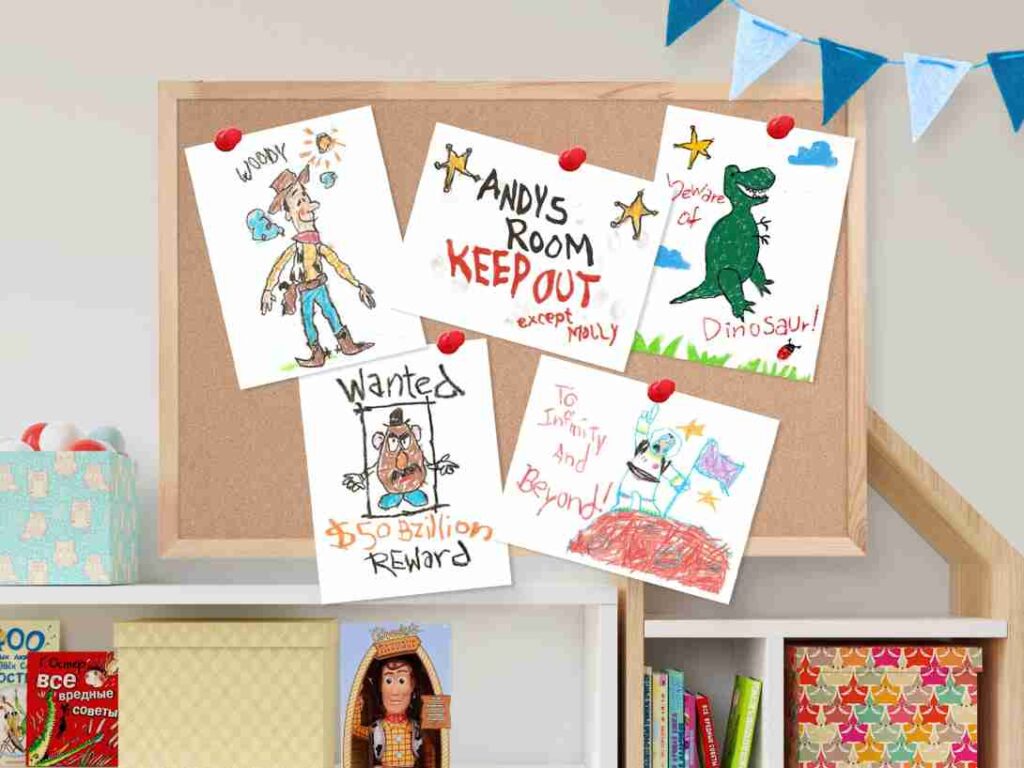 Sketch made by kids clipped on wooden board