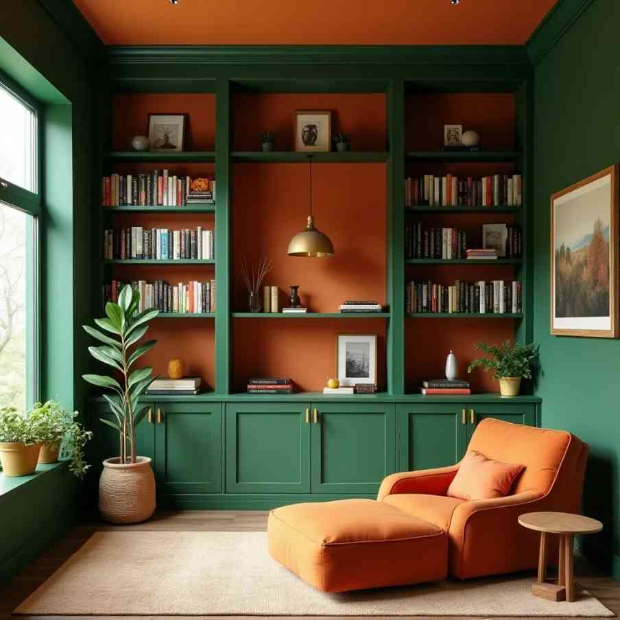 Green wall built in unit and burnt orange sofa reading nook