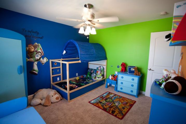 An image of a kids room that features all the colors that are inspired by toy story movie
