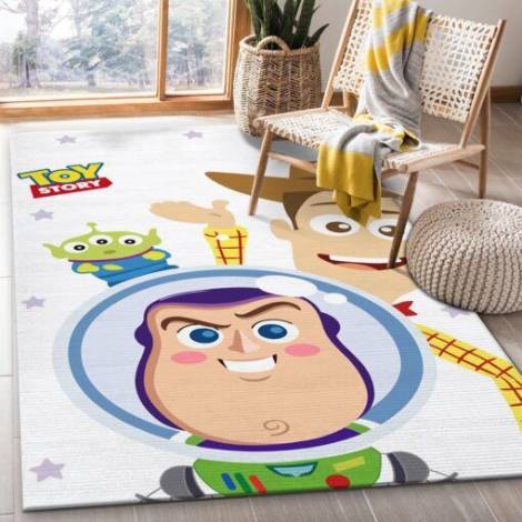 White rug with lightyear and buzz printed on it