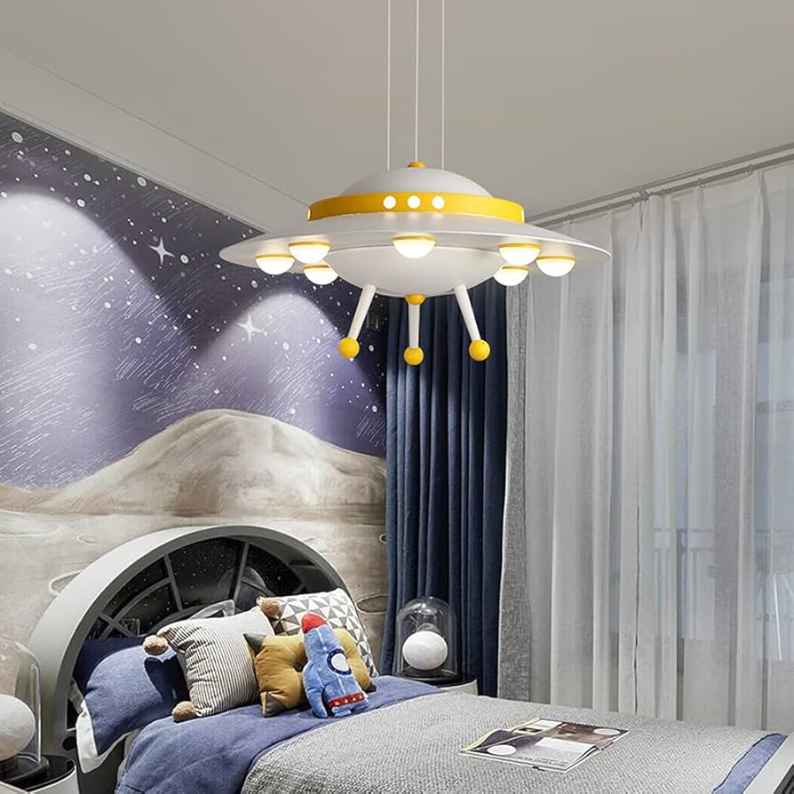 White UFO ceiling light for toy story theme based bedroom