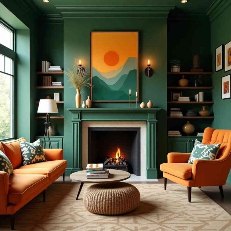 Burnt orange and green living room