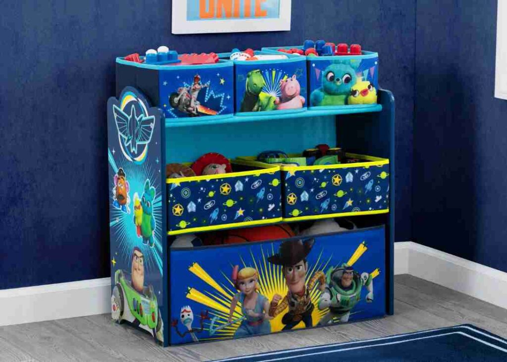 Blue storage unit with toy story character on them