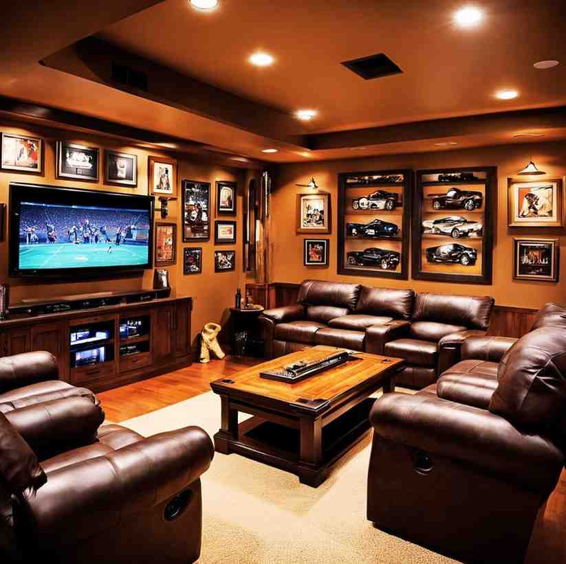 A seating area with leather sofa and TV unit for gun room