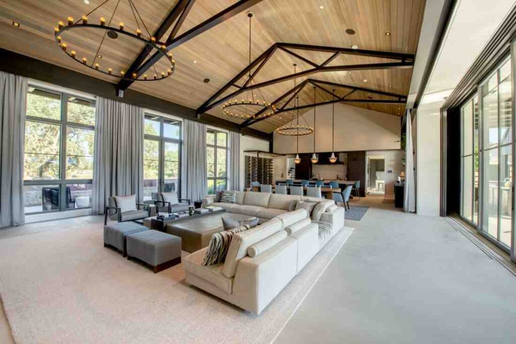 Open concept layout for the vaulted family living room