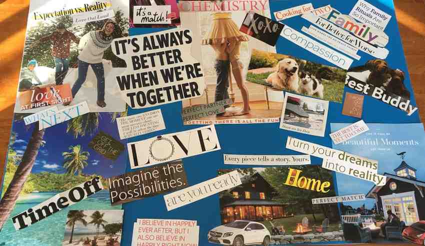 A message board with photos and quotes written in it
