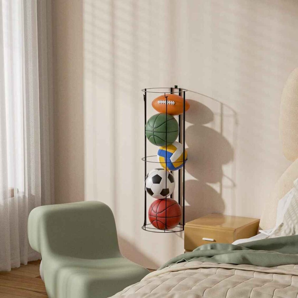 A black wall mounted rack to store soccer ball
