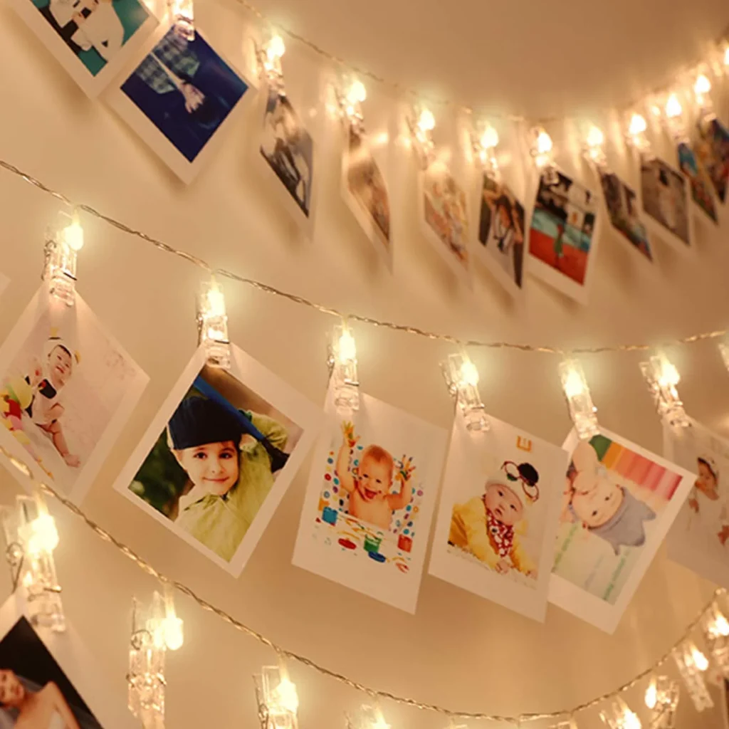 Fairy clip lights to hang photos on wall
