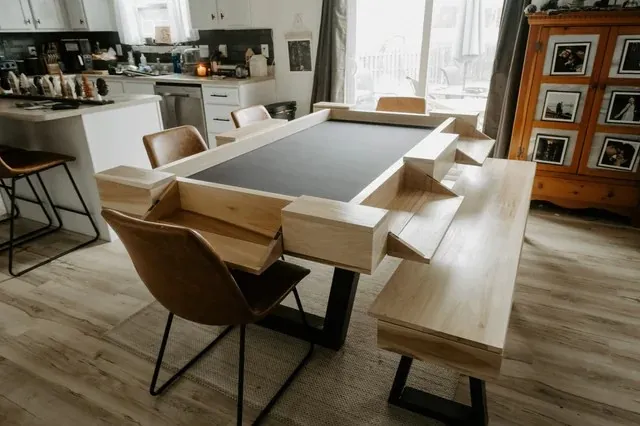 Wooden game table frame and a wooden bench paired with it in living room
