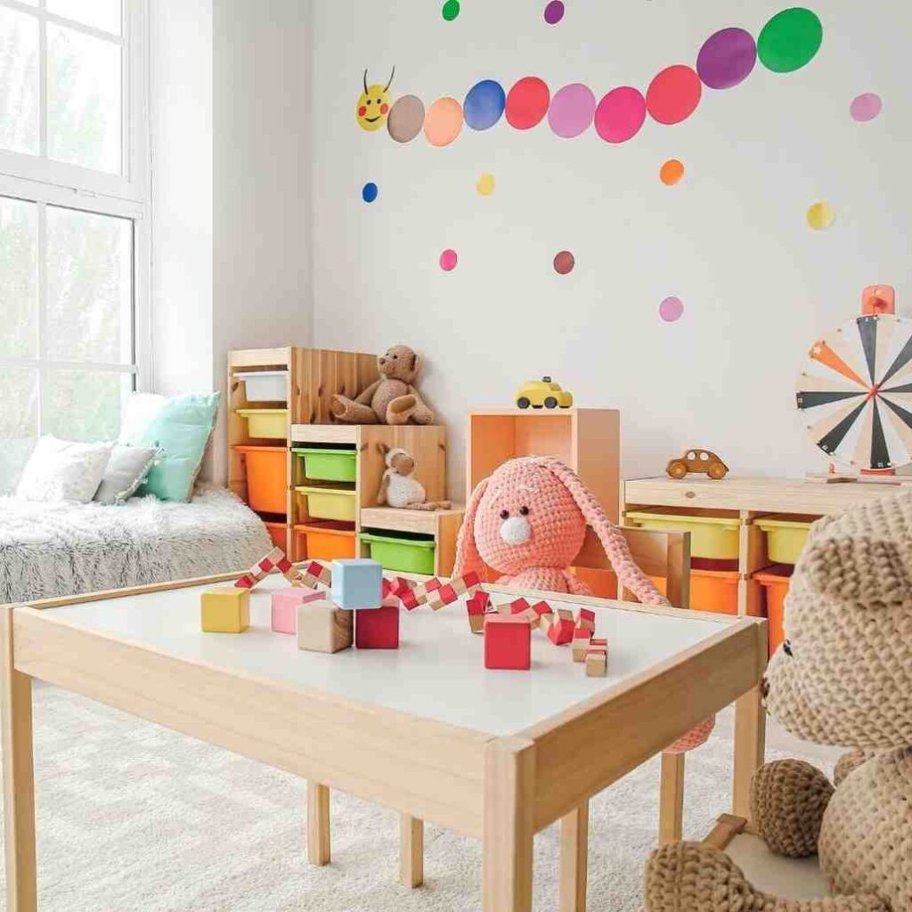 Colorful drawing on wall and a wooden table with some blocks placed on it for toddler
