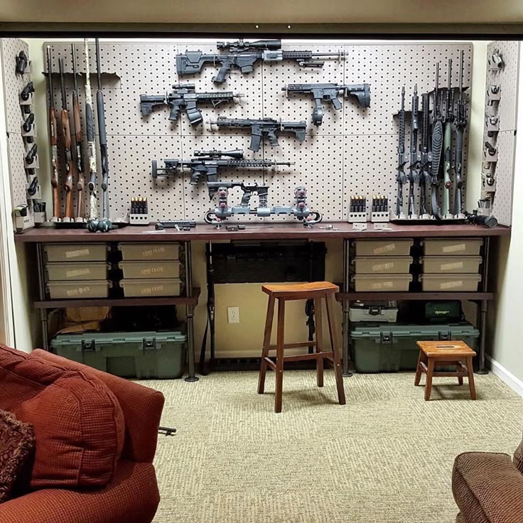 Wooden workbench with pegboard for gun room