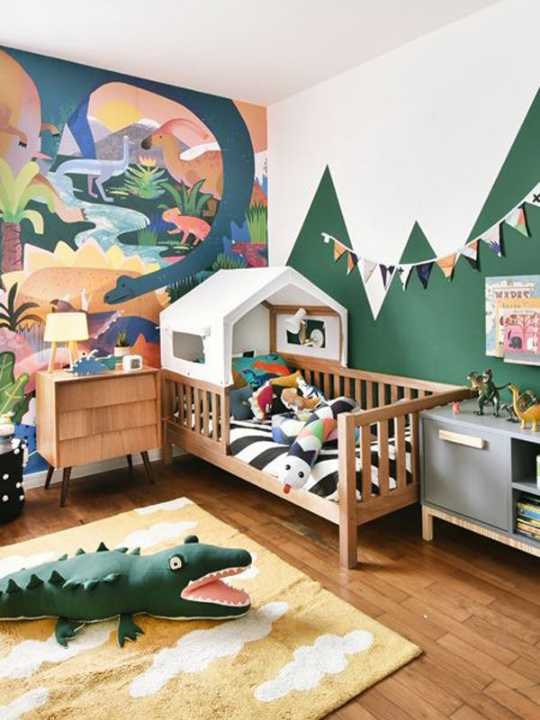 Green and white multi color theme for the toddler room