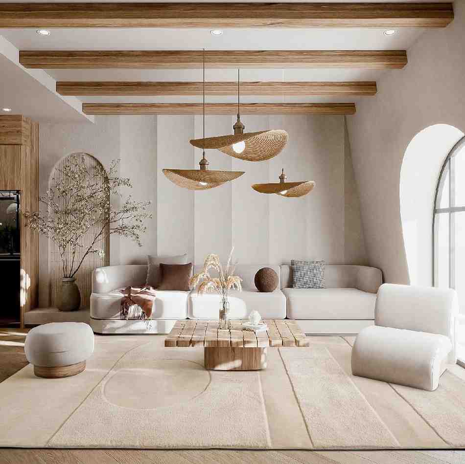 Jute and rattan made ceiling lights paired with white sofa and a beige rug