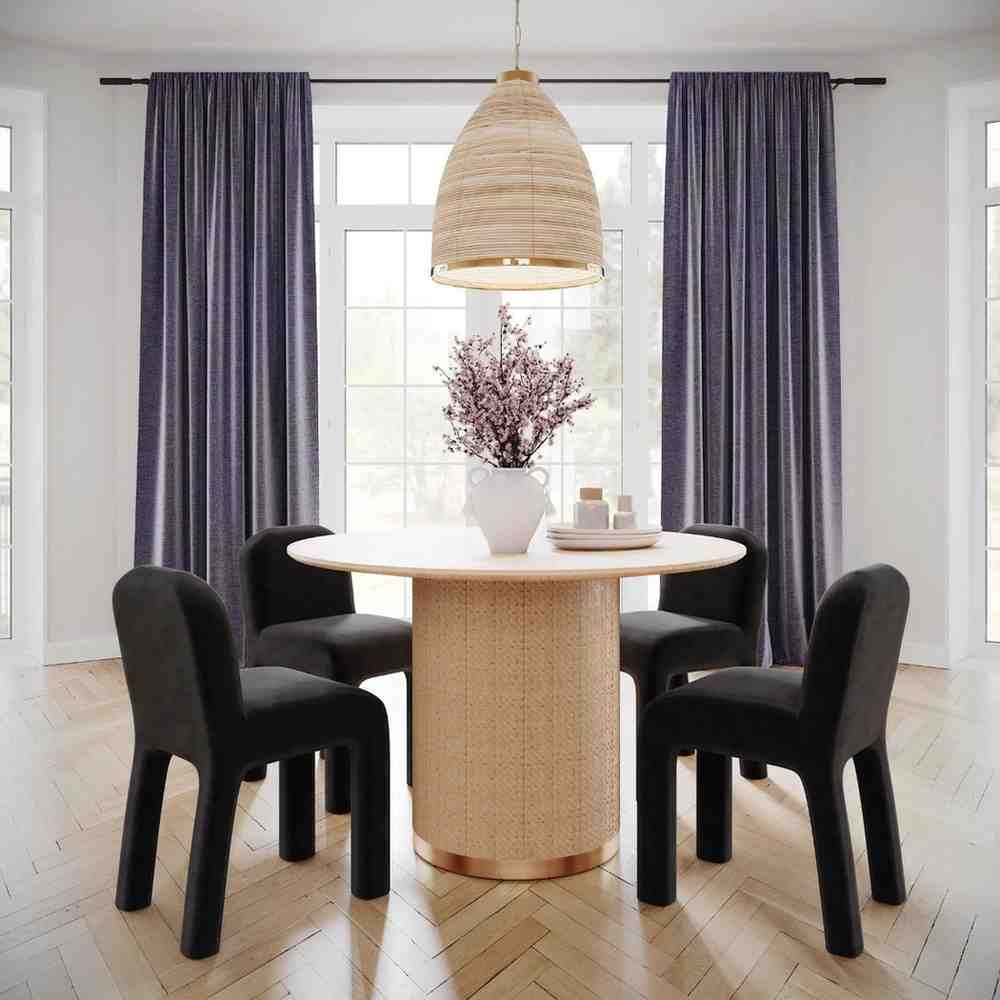 Black color chenille fabric dining chair and a jute dining table