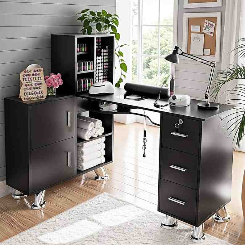 Black nail desk with storage built in