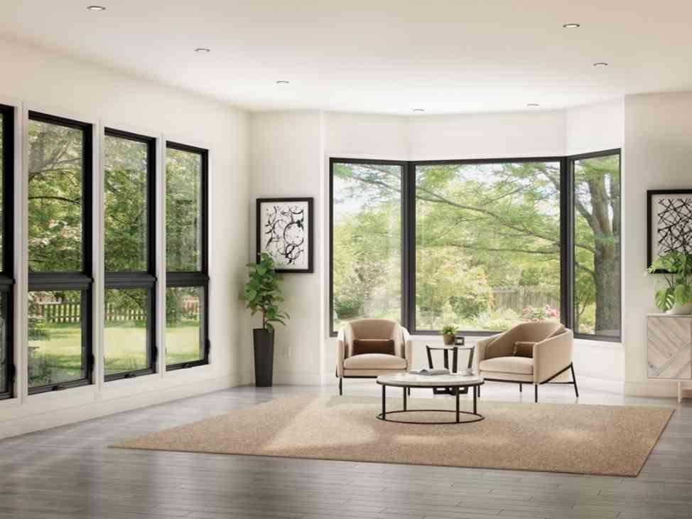 Black framed picture window for living room