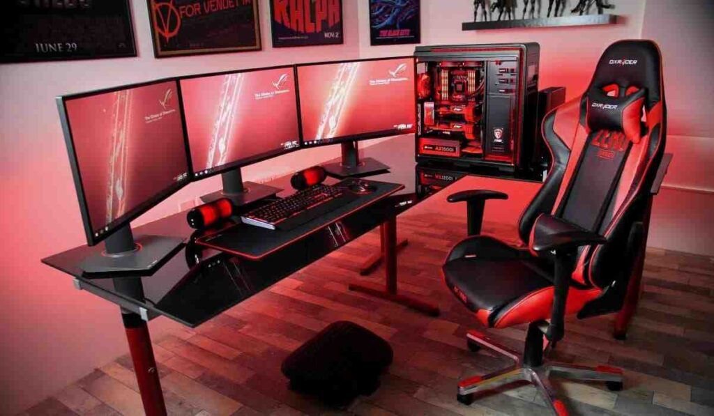 Red and black combo furniture and red lights for game room
