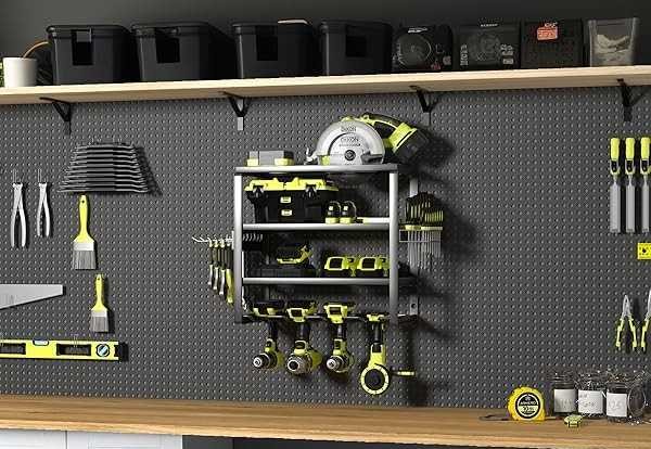 Silver tool organiser with pegboard wall behind it