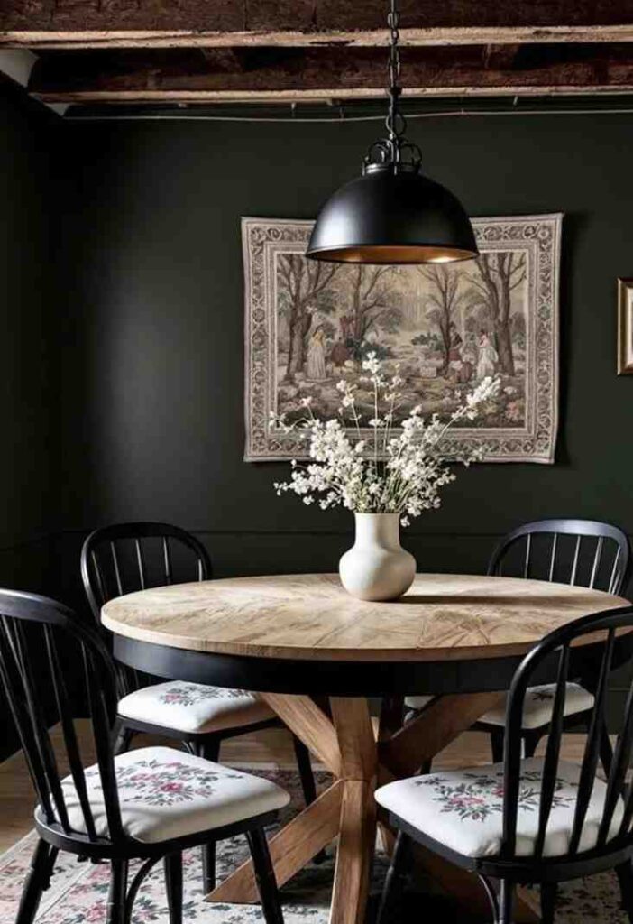 Cream color tapestry on black wall and wooden black dining table and chair