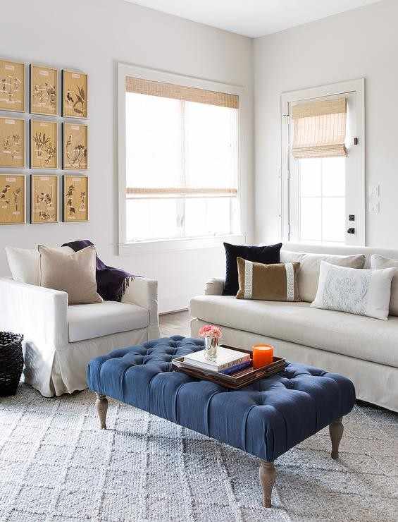 Blue color bench coffee table with wooden legs with white sofa set