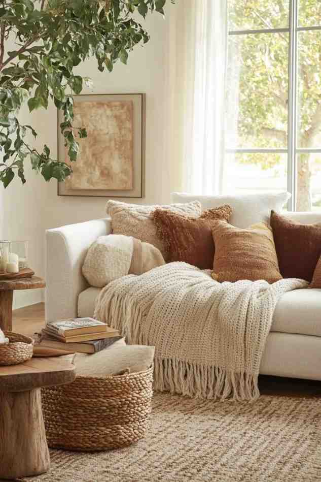 Brown throw pillows and throw blanket on a sofa and jute beige carpet laying under it