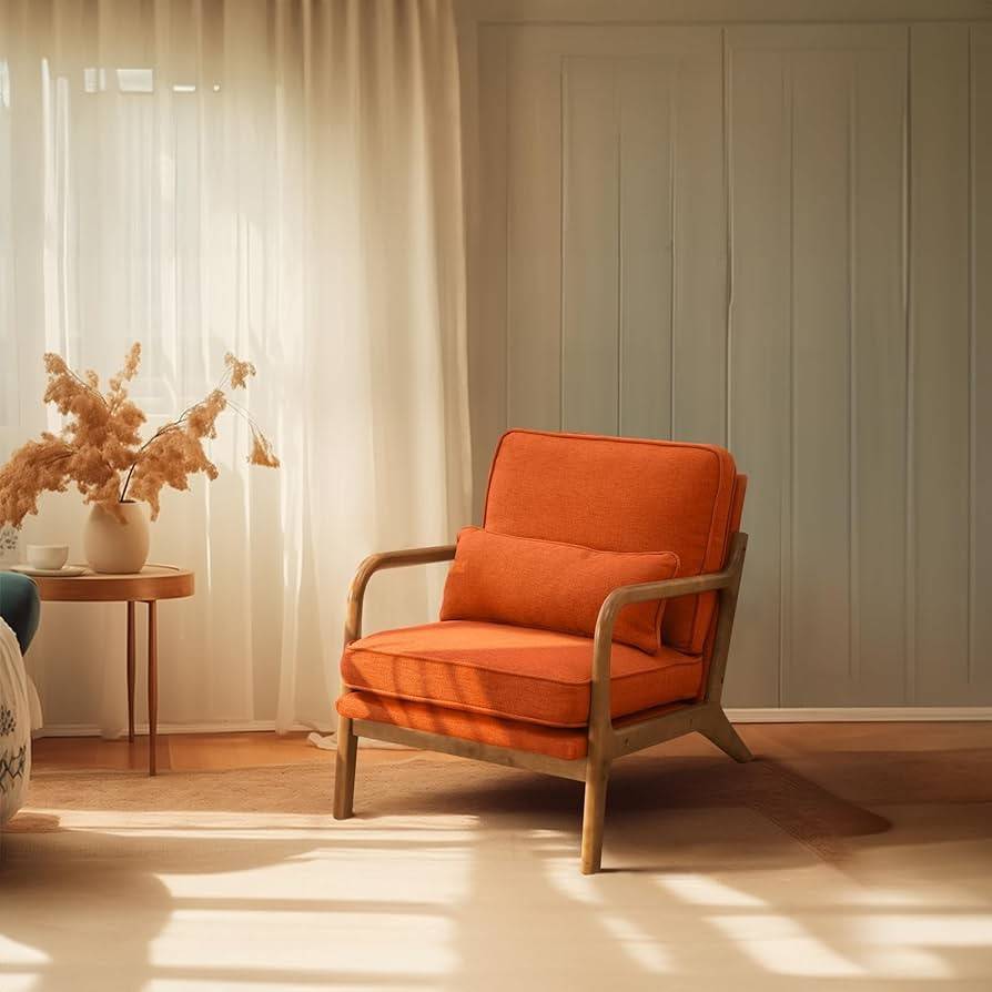 Burnt orange wooden frame chair on beige carpet and a side table