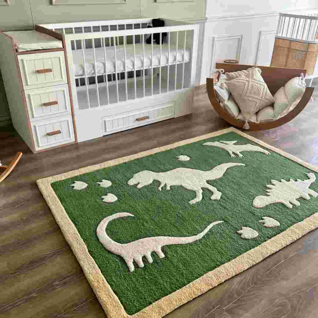 Green and white rug and a white wooden crib in the kids room