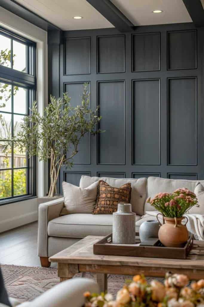 French wall panelling in dark gray color against the cream sofa and a wooden table placed in front of it