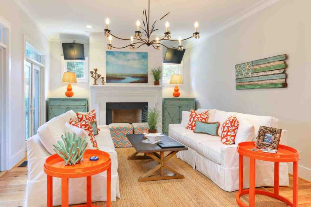 Cream teal turquoise and burnt orange color theme for living room