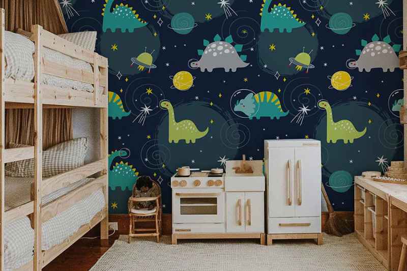 Dark blue wallpaper with circle and dinosaur shapes in it