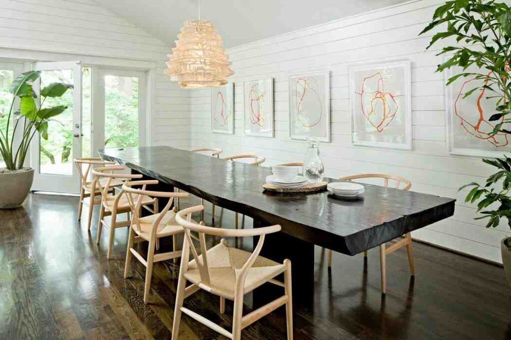 Some indoor plants in a dining rom wood dining table and chair set