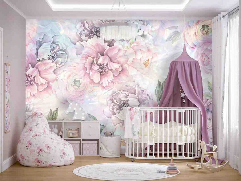 Purple, white and blue color floral wallpaper for behind the crib for the room