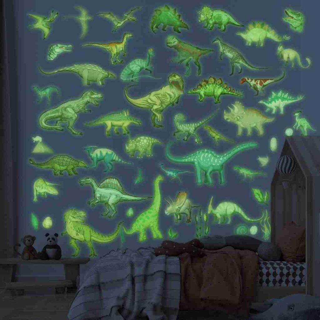 Glow-in dark neon color wall paste on stickers pasted on white wall