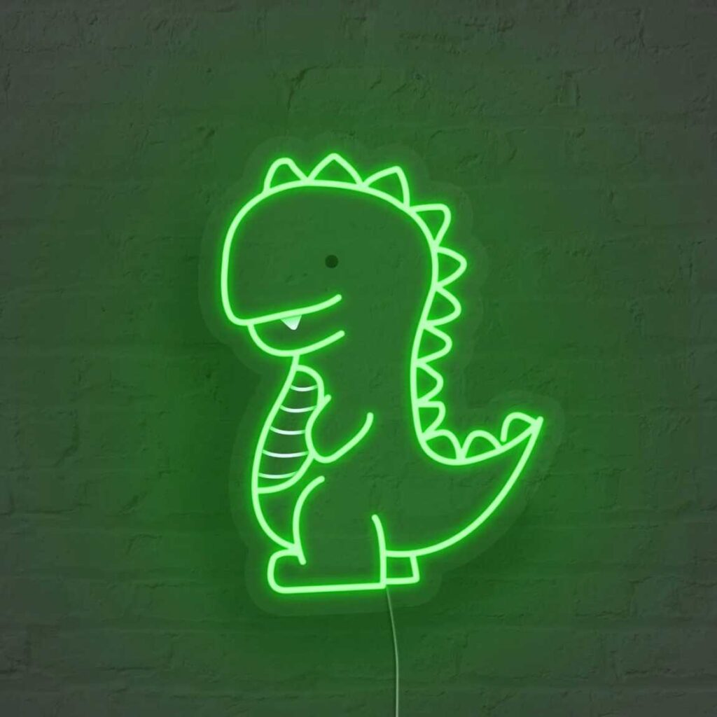 A green neon dinosaur shape sign