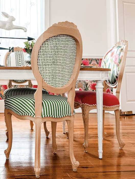 Green and white stripped pattern and a bold pink on seat with jute back for chair