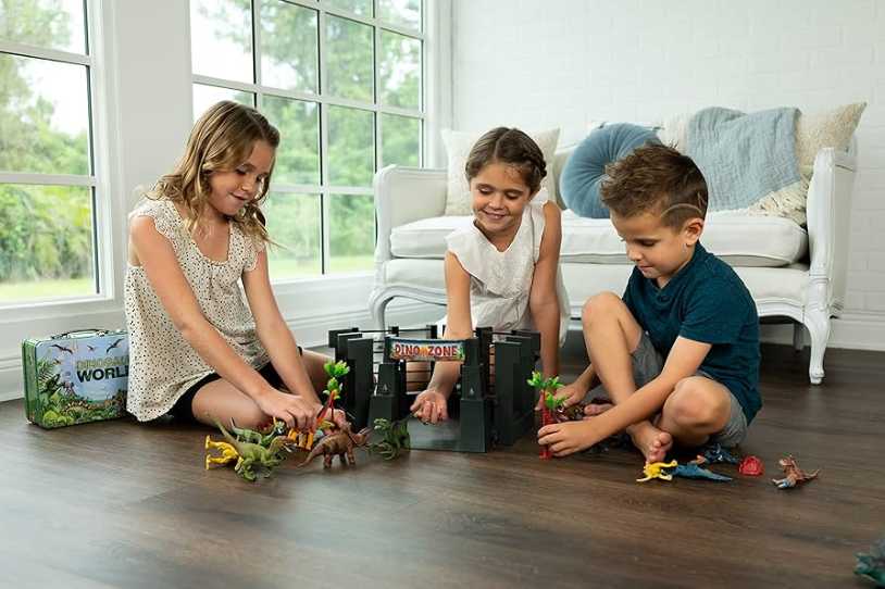 A dino zone play set and kids playing with it