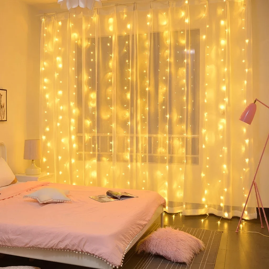 Fairy light with sheer curtains o window for the room