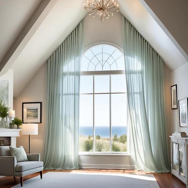 Sheer linen curtains puddling on the floor in a vaulted family room